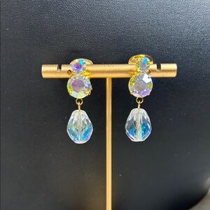 Vintage Gold and AB Crystal Drop Clip On Earrings